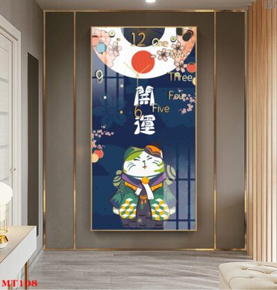 Đồng hồ tráng gương Mèo Thần Tài dáng dọc