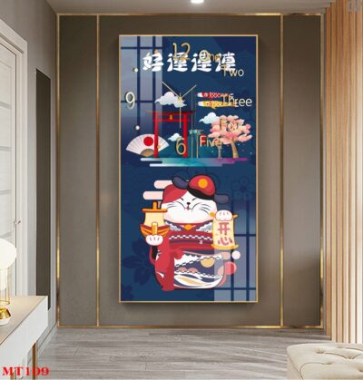 Đồng hồ tráng gương Mèo Thần Tài dáng dọc