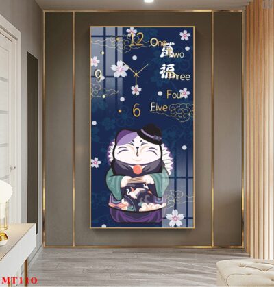 Đồng hồ tráng gương Mèo Thần Tài dáng dọc