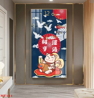 Đồng hồ tráng gương Mèo Thần Tài dáng dọc