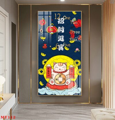 Đồng hồ tráng gương Mèo Thần Tài dáng dọc