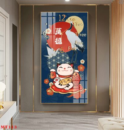 Đồng hồ tráng gương Mèo Thần Tài dáng dọc