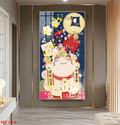 Đồng hồ tráng gương Mèo Thần Tài dáng dọc