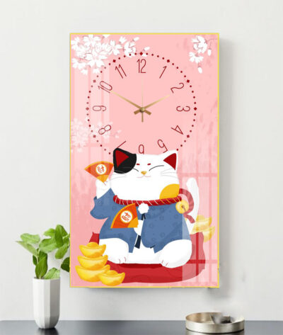 Đồng hồ tráng gương Mèo Thần Tài dáng dọc